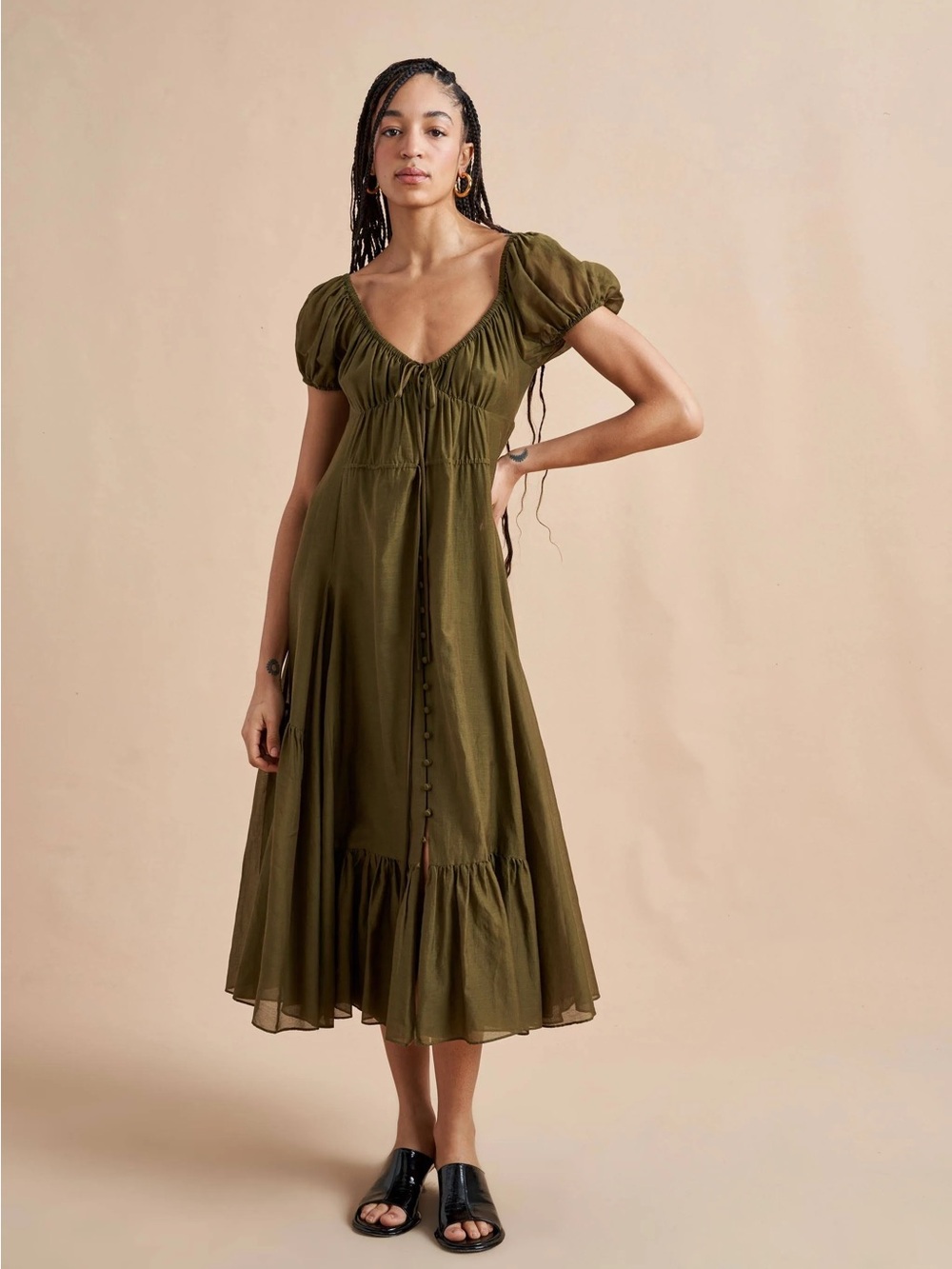 Le Ligne Green Josie Puff Sleeve Tiered Maxi Dress S